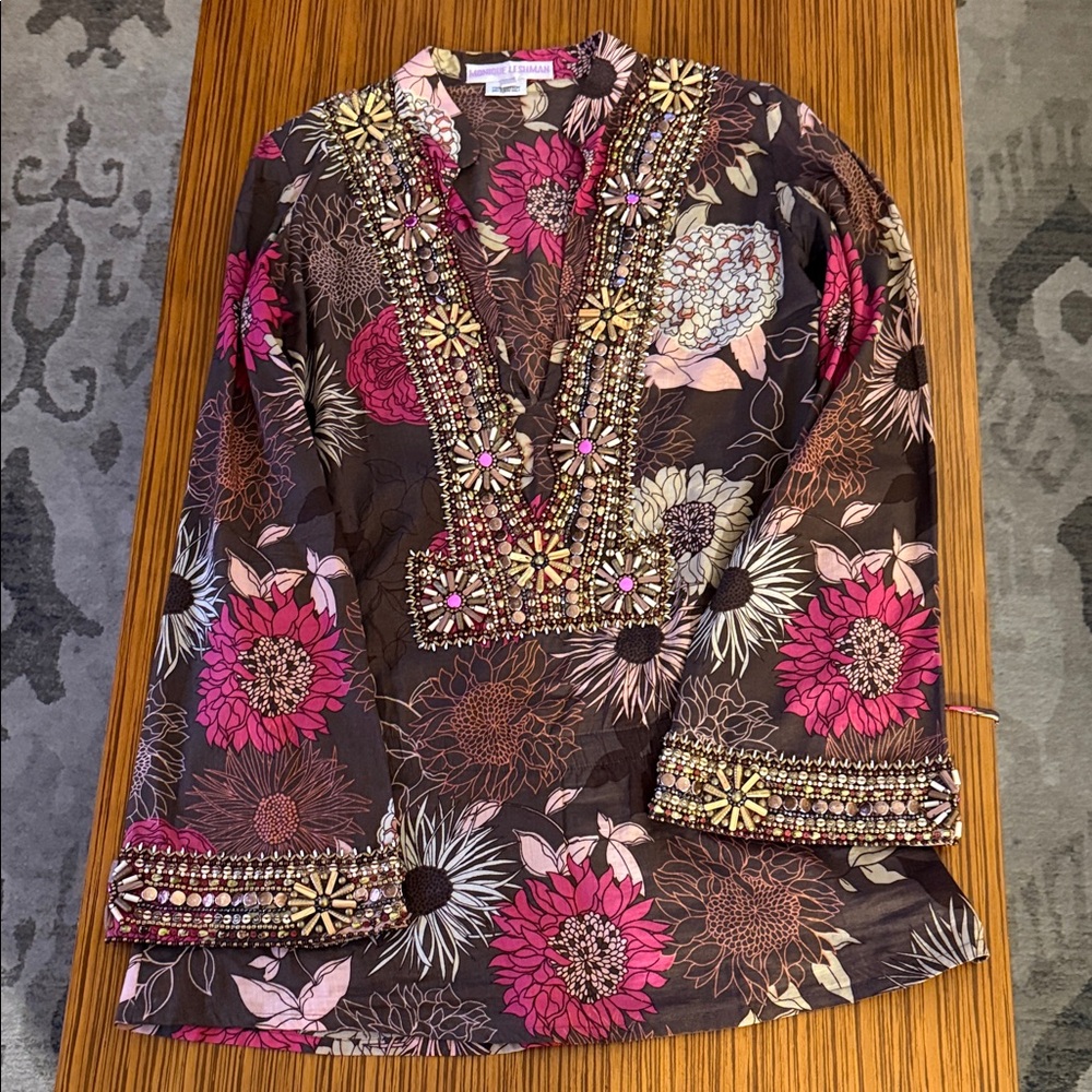 Monique Leshman Pink and Brown Floral Embellished Blouse